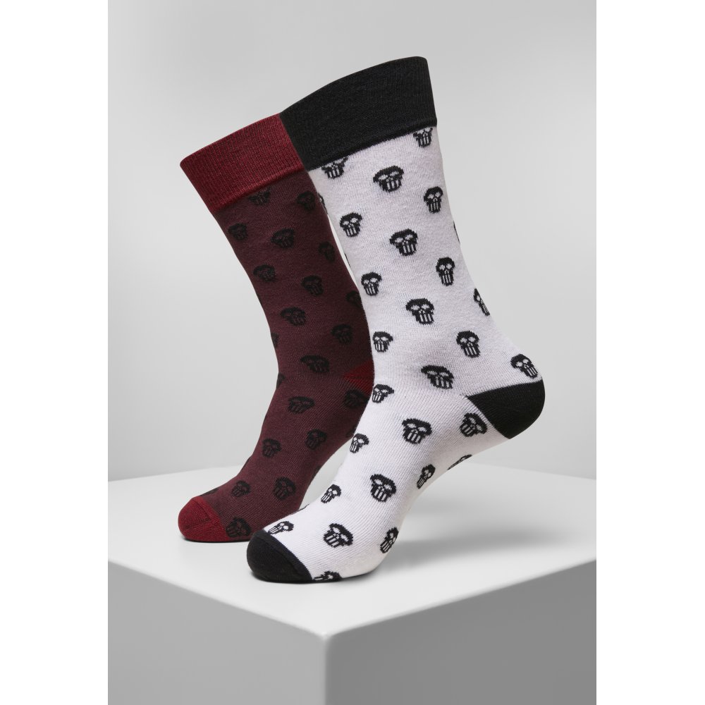 Urban Classics - Skull Allover 2-Pack burgundy/white Chaussettes - Chaussettes crâne - Bordeaux rouge/Blanc